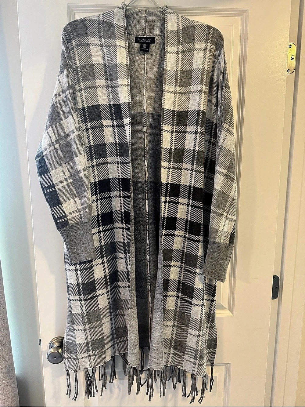 Rachel Zoe Plaid Fringe Cardigan in Gray & White Size Small